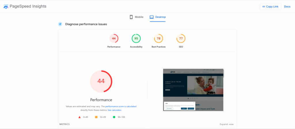 result pagespeed insights